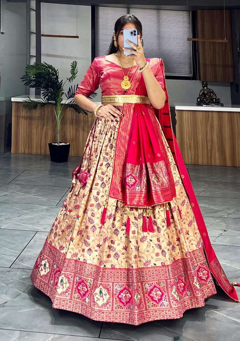 Pink Weaving Work Silk Lehenga Set for Diwali and Festive Wear - Indya