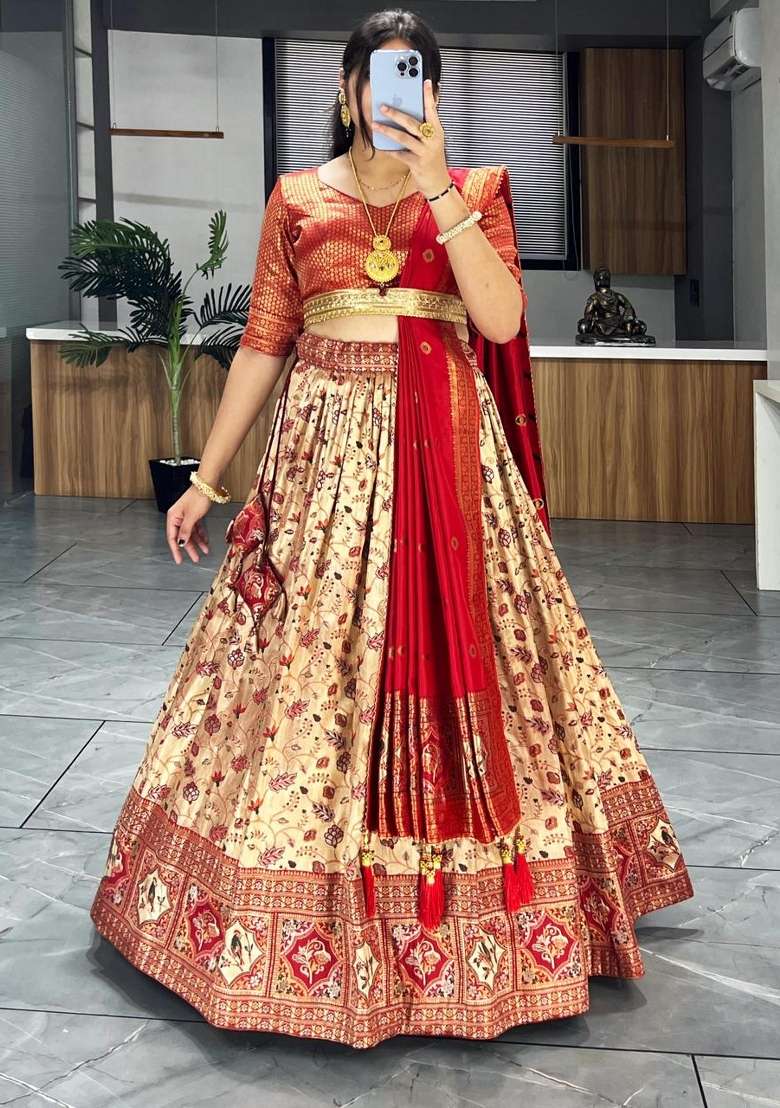 Red Weaving Work Silk Lehenga Set for Diwali and Festive Wear - Indya