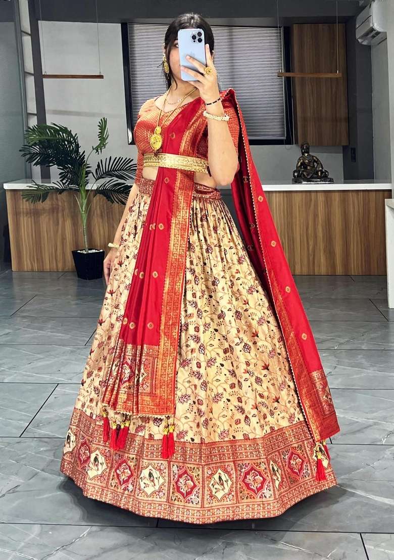Red Weaving Work Silk Lehenga Set for Diwali and Festive Wear - Indya