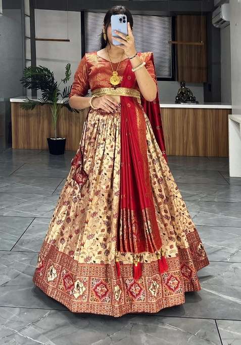 Red Weaving Work Silk Lehenga Set for Diwali and Festive Wear