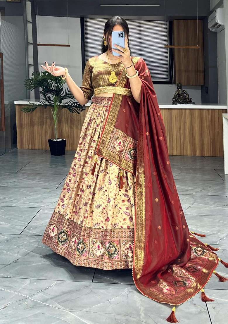 Green Weaving Work Silk Lehenga Set for Diwali | Wedding & Festive Wear - Indya