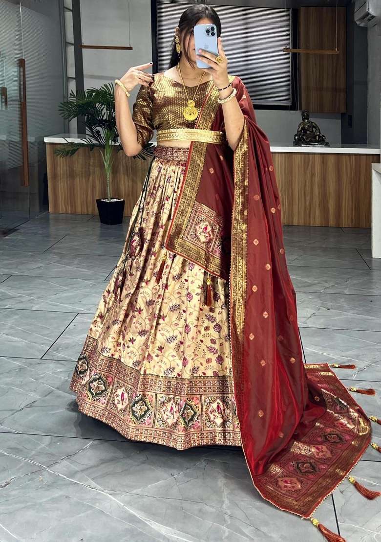 Green Weaving Work Silk Lehenga Set for Diwali | Wedding & Festive Wear - Indya