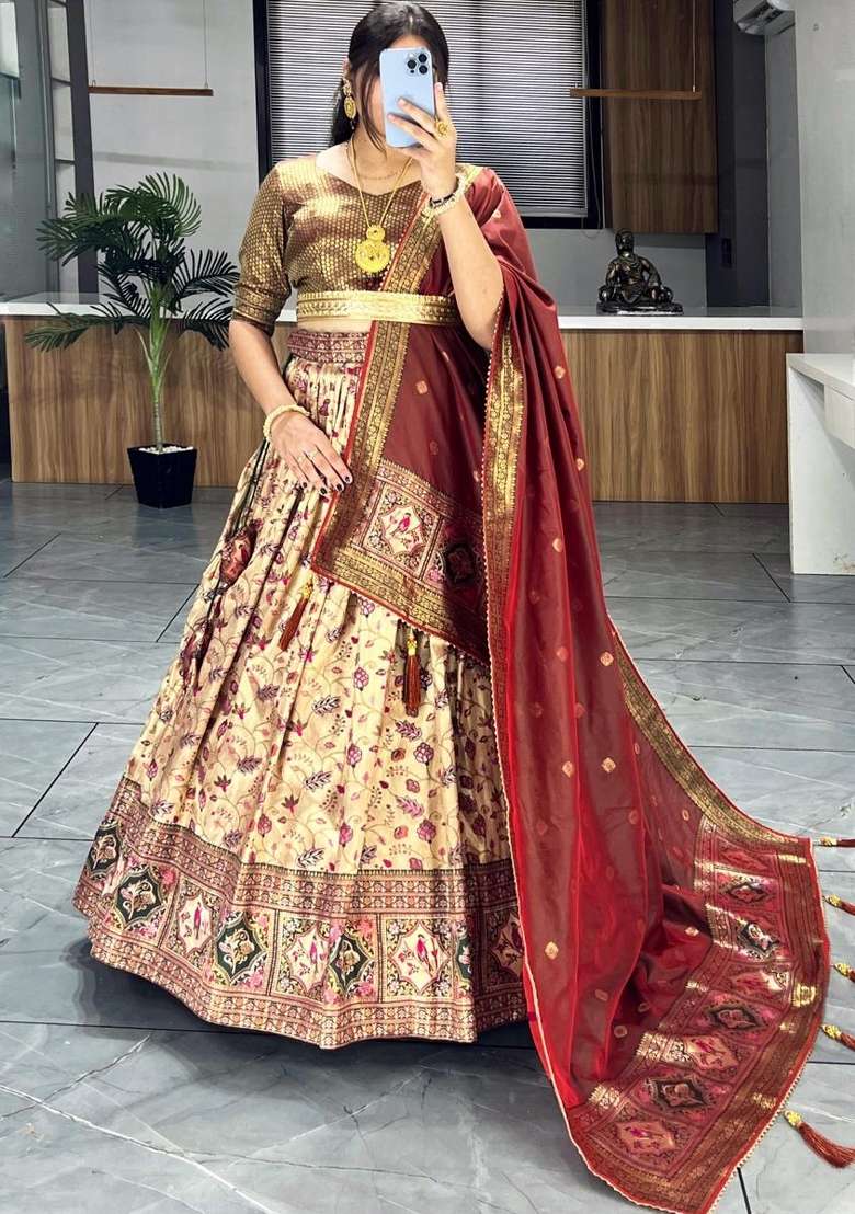 Green Weaving Work Silk Lehenga Set for Diwali | Wedding & Festive Wear - Indya