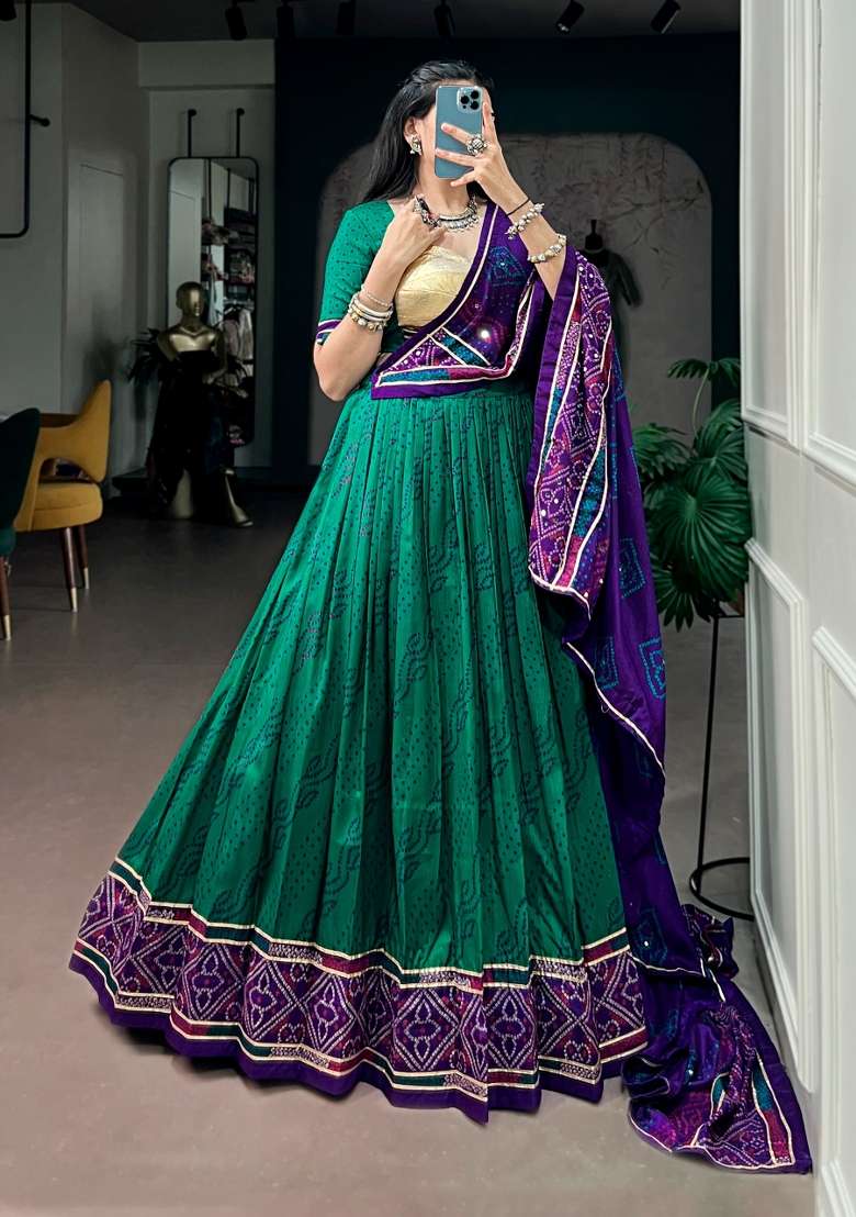 Green Gotta Patti Silk Lehenga Set for Diwali and Festive Wear - Indya