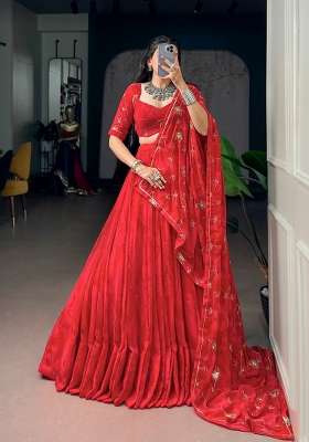 Red Georgette Lehenga Set with Embroidery for Diwali | Wedding & Festive Wear