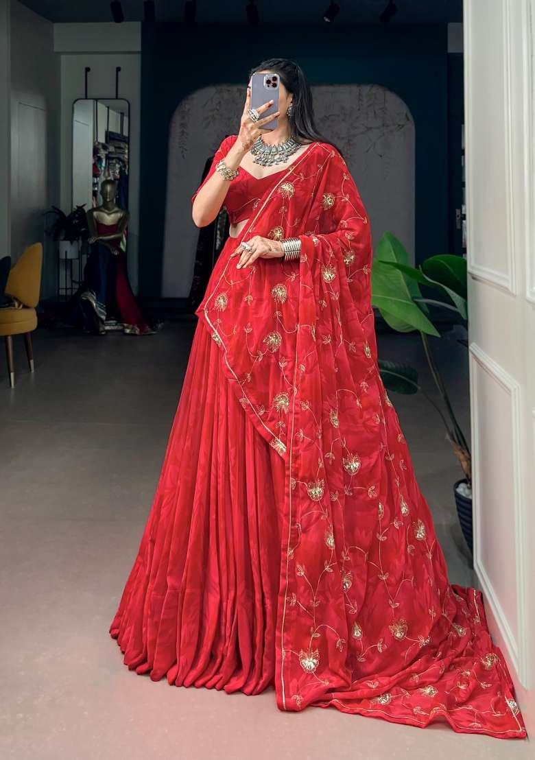 Red Georgette Lehenga Set with Embroidery for Diwali | Wedding & Festive Wear - Indya