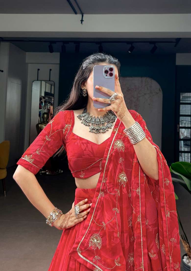 Red Georgette Lehenga Set with Embroidery for Diwali | Wedding & Festive Wear - Indya