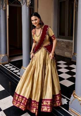 Chiku Zari Work Silk Lehenga Set for Diwali and Festive Wear