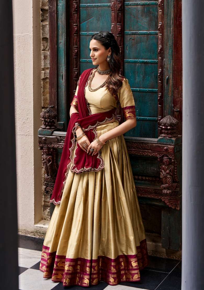 Chiku Zari Work Silk Lehenga Set for Diwali and Festive Wear - Indya