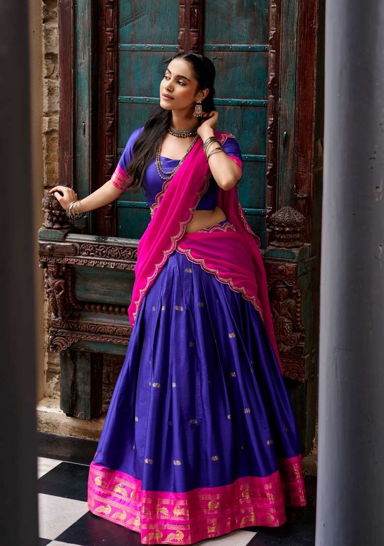 Blue Zari Work Silk Lehenga Set for Diwali and Festive Wear - Indya
