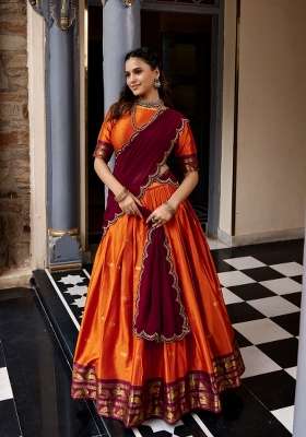 Orange Zari Work Silk Lehenga Set for Diwali and Festive Wear