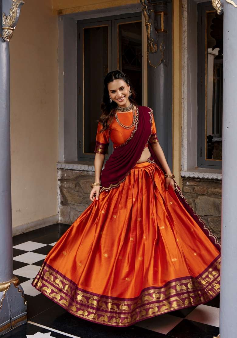 Orange Zari Work Silk Lehenga Set for Diwali and Festive Wear - Indya