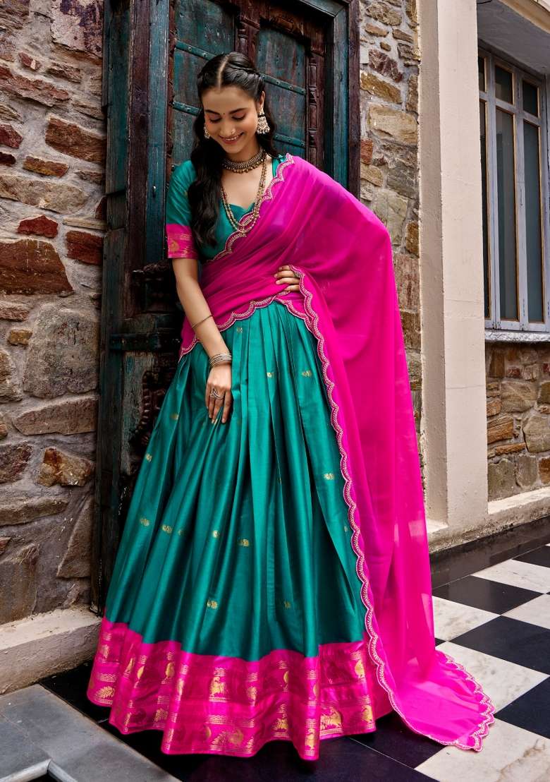 Pink Zari Work Silk Lehenga Set for Diwali and Festive Wear - Indya
