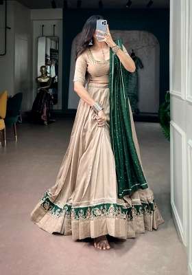 Chiku Chanderi Lehenga Set with Embroidery for Diwali | Wedding & Festive Wear