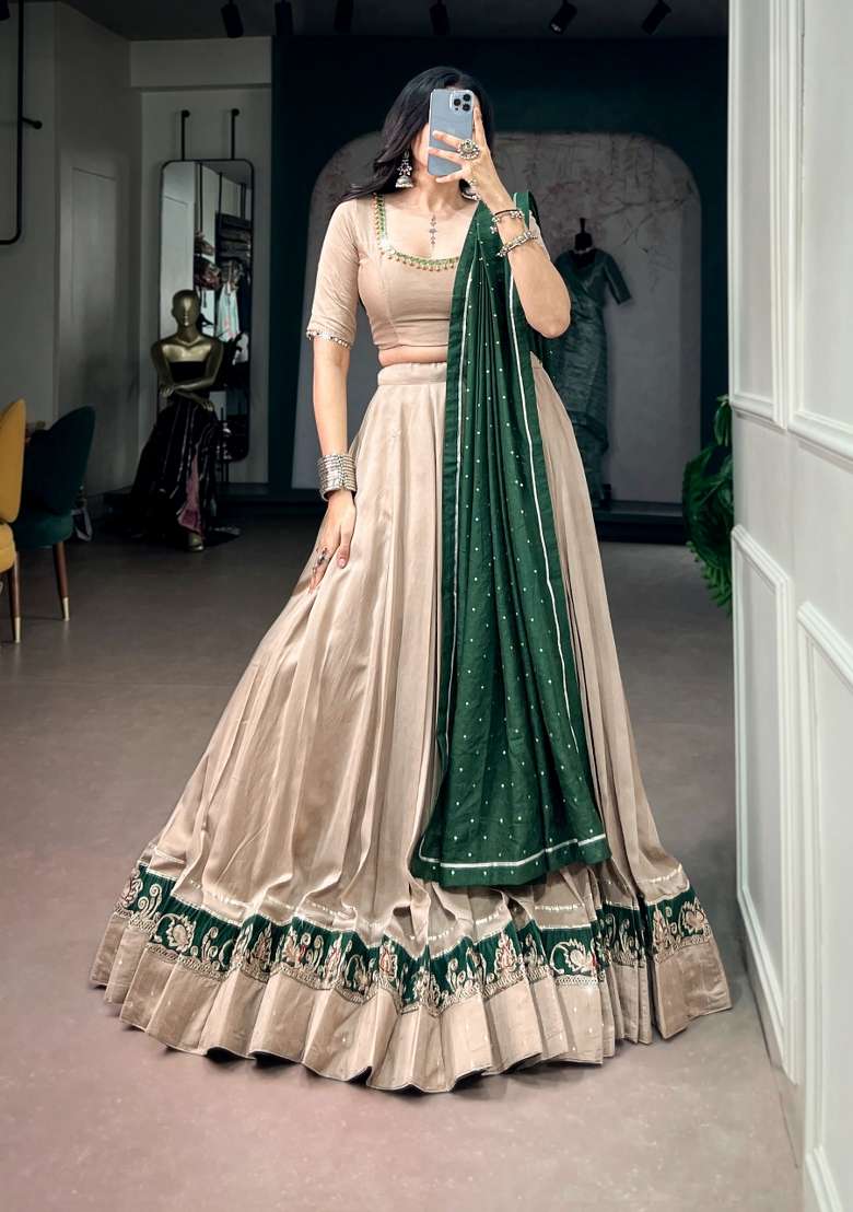 Chiku Chanderi Lehenga Set with Embroidery for Diwali | Wedding & Festive Wear - Indya