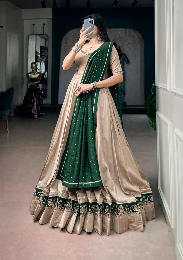 Chiku Chanderi Lehenga Set with Embroidery for Diwali | Wedding & Festive Wear - Indya