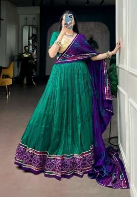 Green Printed Silk Lehenga Set for Diwali and Festive Wear