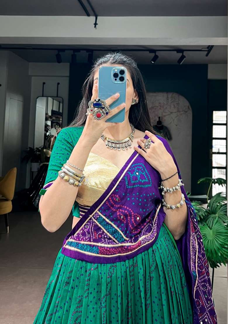 Green Printed Silk Lehenga Set for Diwali and Festive Wear - Indya