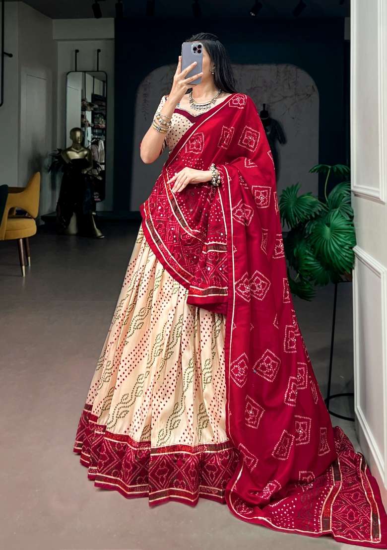 White Silk Lehenga Set with Printed for Diwali | Wedding & Festive Wear - Indya