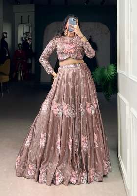 Chiku Work Fendi Lehenga Set with Sequin for Diwali | Wedding & Festive Wear
