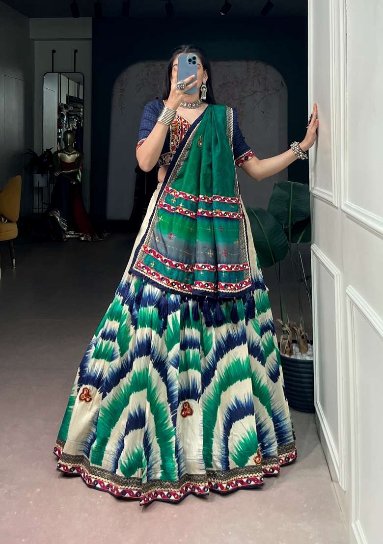 Blue Printed Silk Lehenga Set for Diwali and Festive Wear - Indya