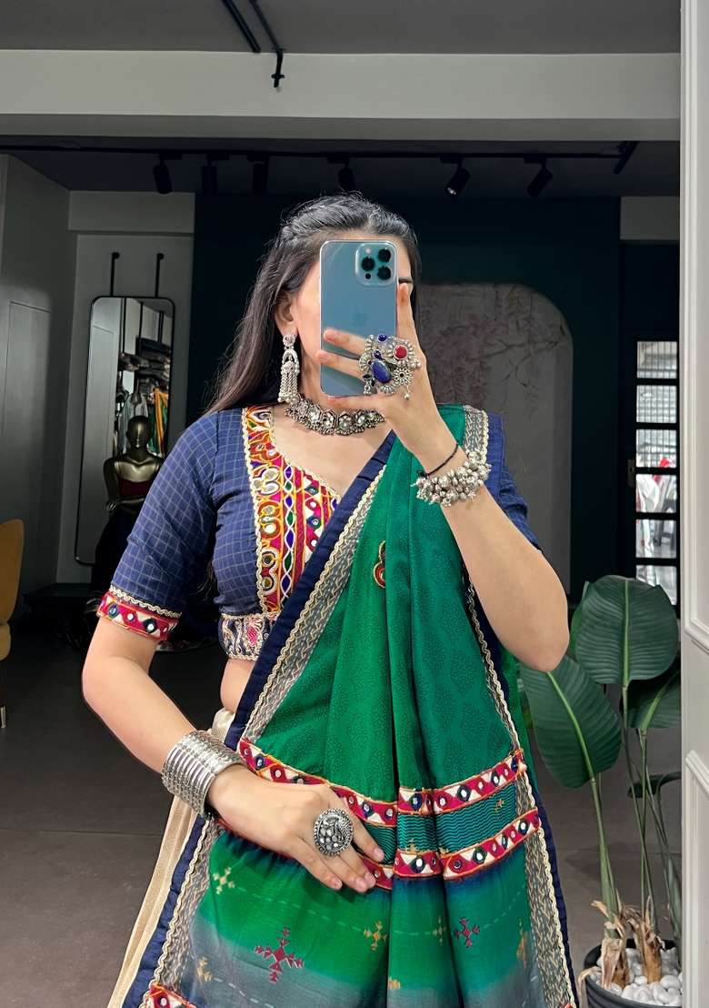 Blue Printed Silk Lehenga Set for Diwali and Festive Wear - Indya