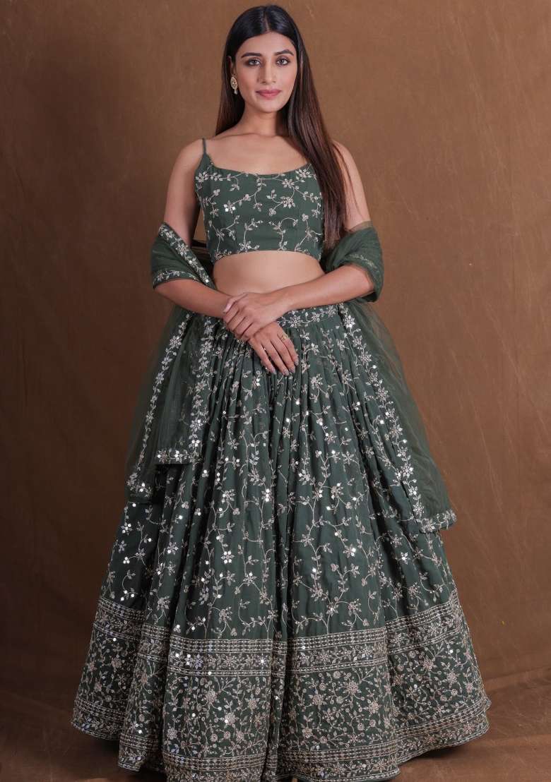 Light Green Embroidery Georgette Lehenga Set for Diwali and Festive Wear - Indya