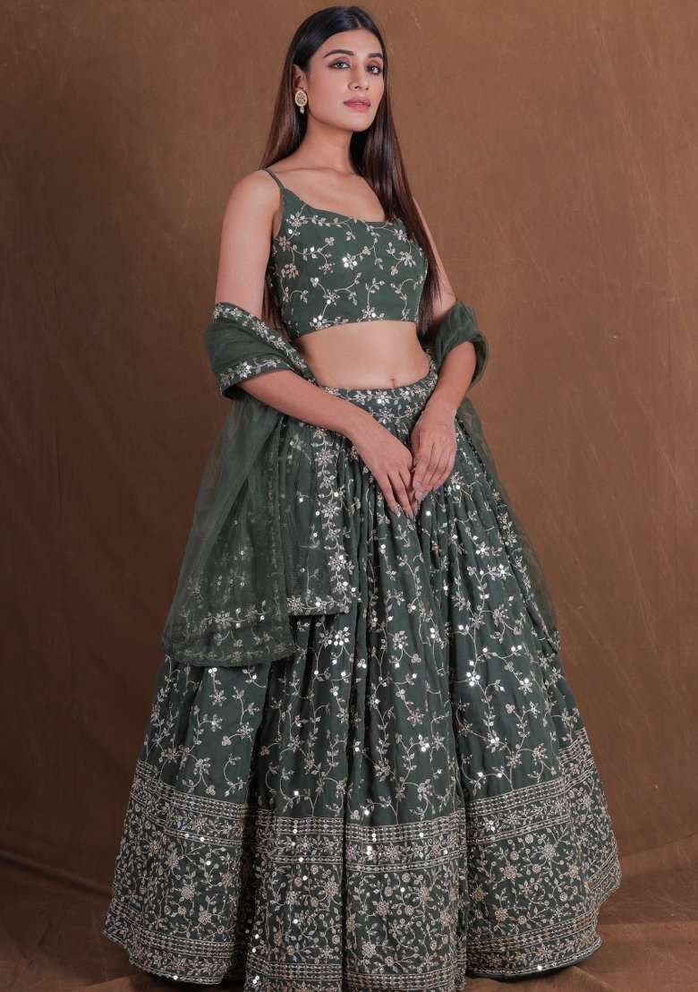 Light Green Embroidery Georgette Lehenga Set for Diwali and Festive Wear - Indya
