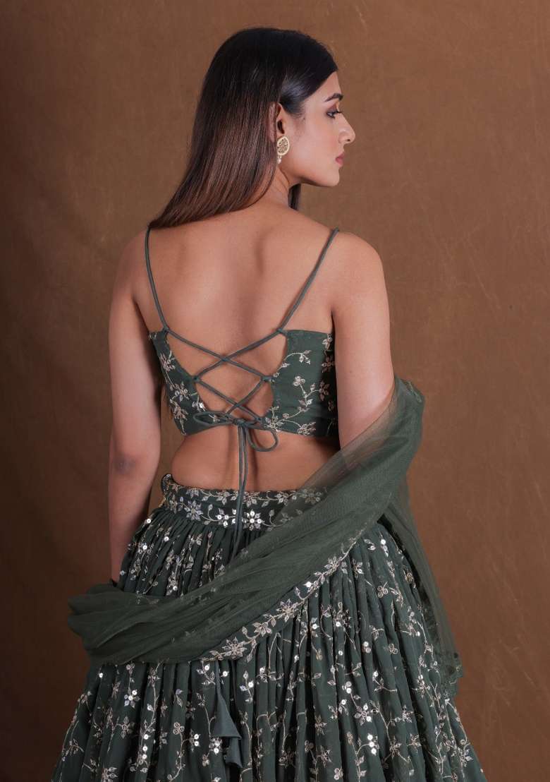 Light Green Embroidery Georgette Lehenga Set for Diwali and Festive Wear - Indya