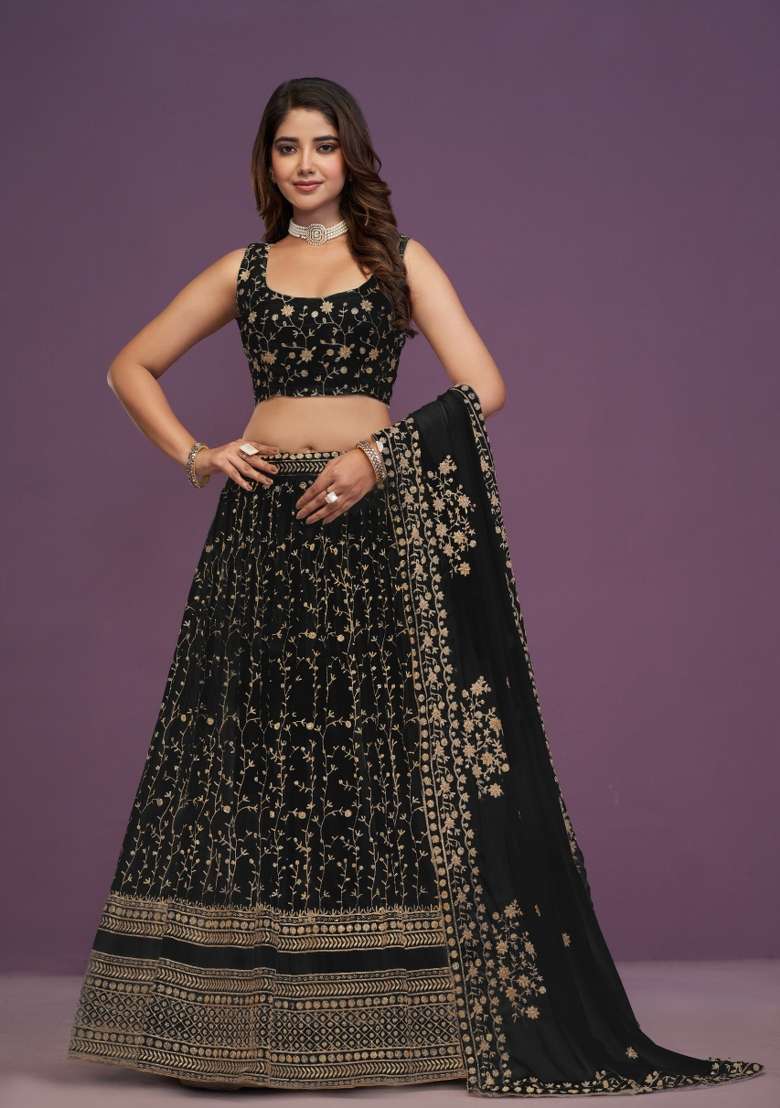 Black Georgette Lehenga Set with Embroidery for Diwali | Wedding & Festive Wear - Indya