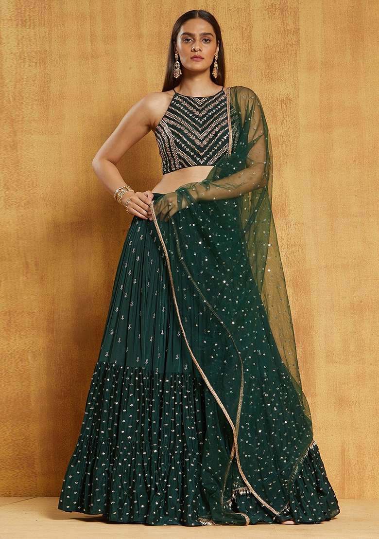 Green Georgette Lehenga Set with Embroidery for Diwali | Wedding & Festive Wear - Indya
