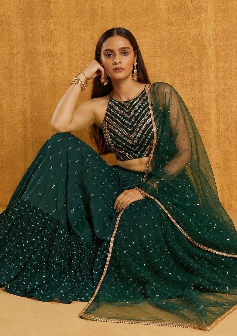 Green Georgette Lehenga Set with Embroidery for Diwali | Wedding & Festive Wear - Indya