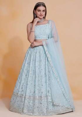 Sky Blue Embroidery Georgette Lehenga Set for Diwali and Festive Wear