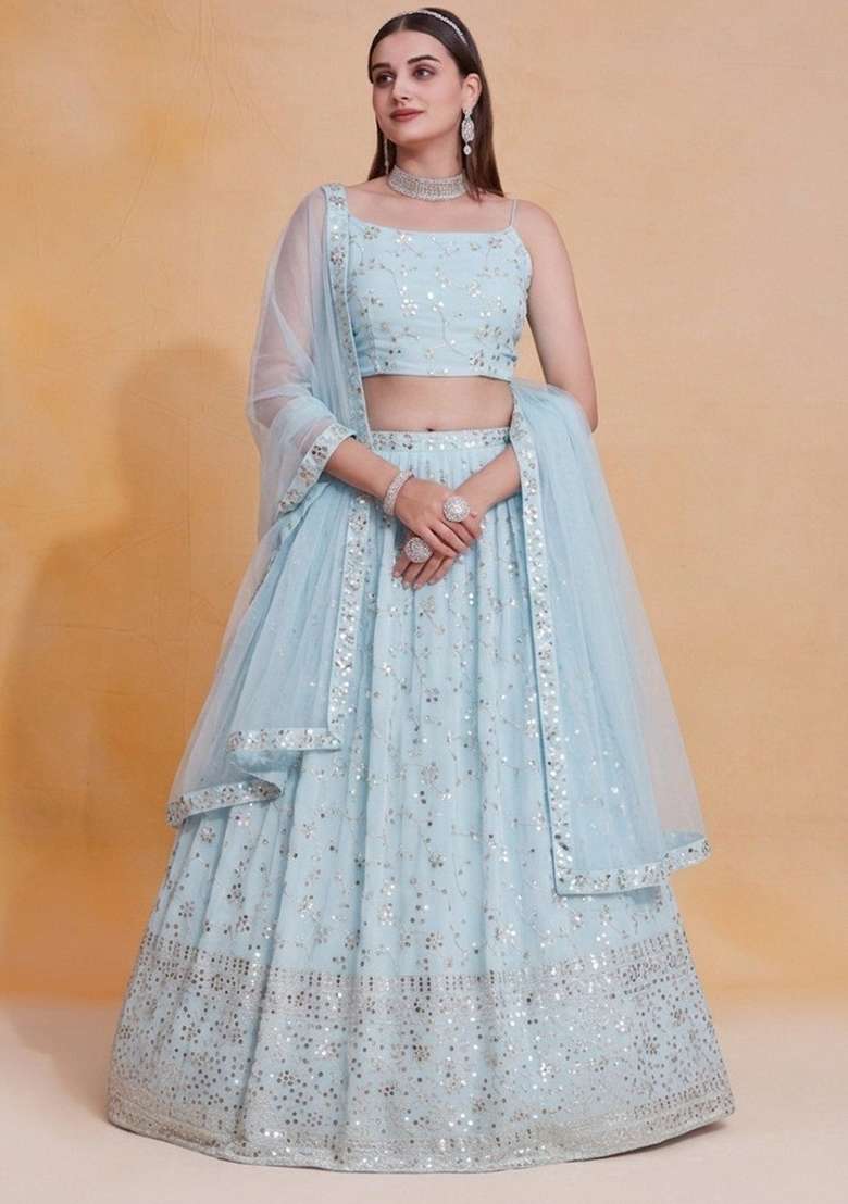 Sky Blue Embroidery Georgette Lehenga Set for Diwali and Festive Wear - Indya