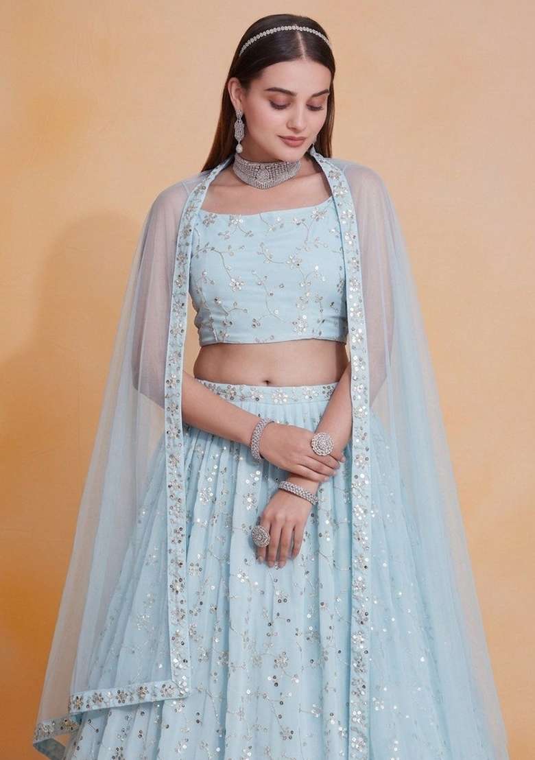 Sky Blue Embroidery Georgette Lehenga Set for Diwali and Festive Wear - Indya