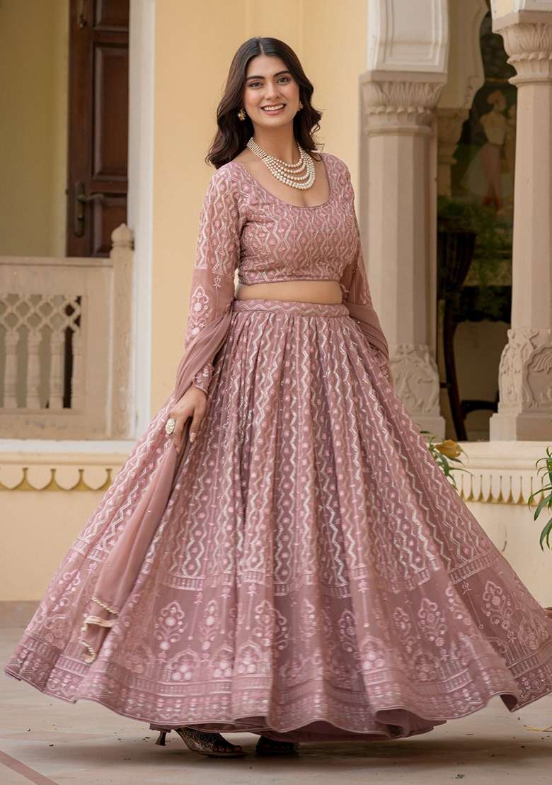 Cream Embroidery Georgette Lehenga Set for Diwali and Festive Wear - Indya