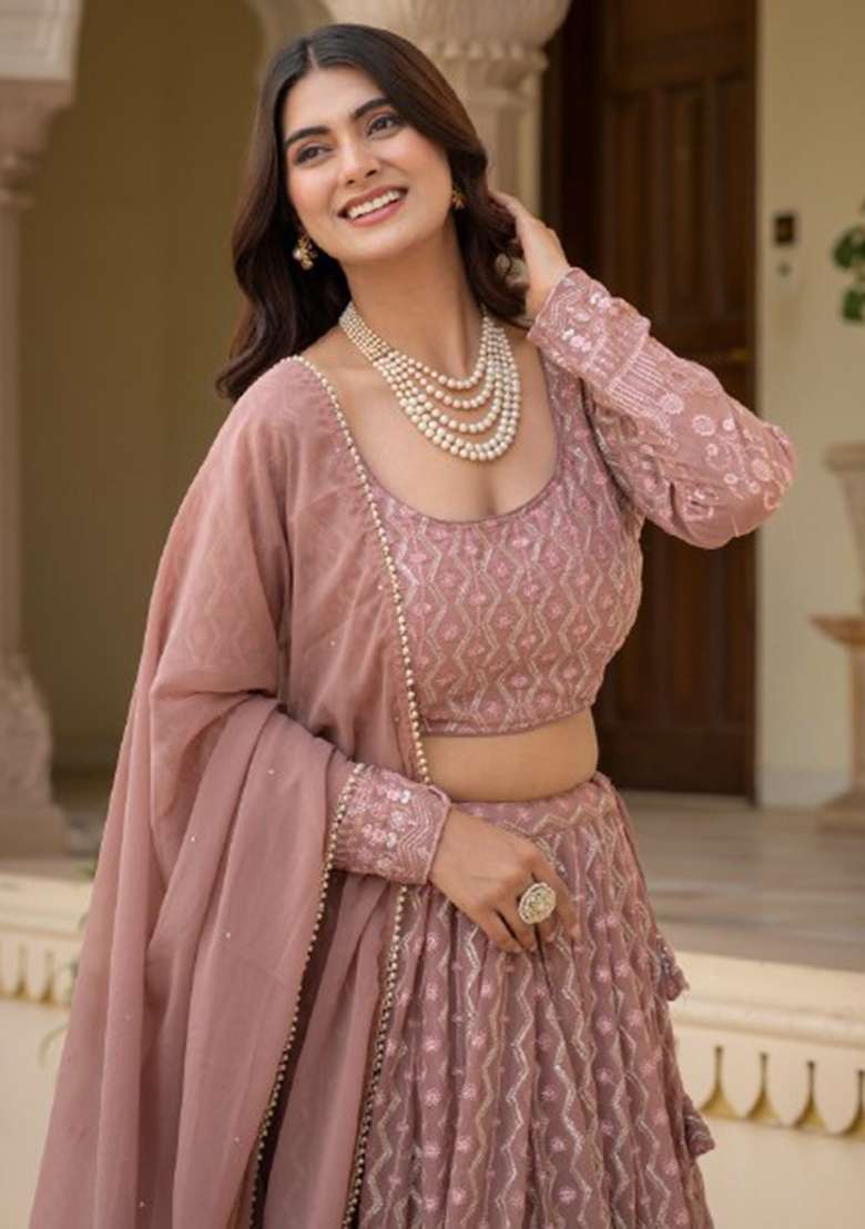 Cream Embroidery Georgette Lehenga Set for Diwali and Festive Wear - Indya