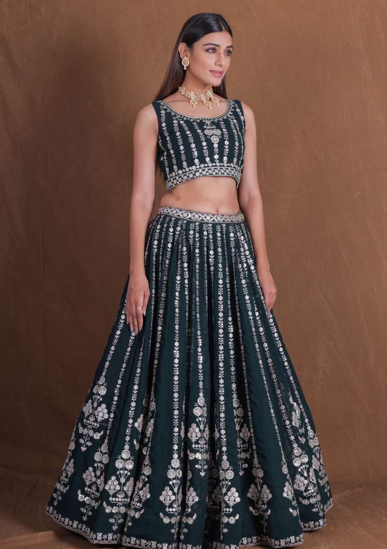 Black Embroidery Georgette Lehenga Set for Diwali and Festive Wear - Indya