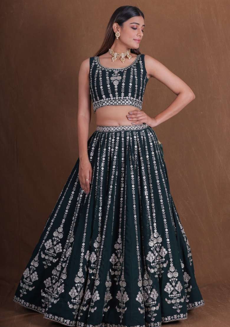 Black Embroidery Georgette Lehenga Set for Diwali and Festive Wear - Indya