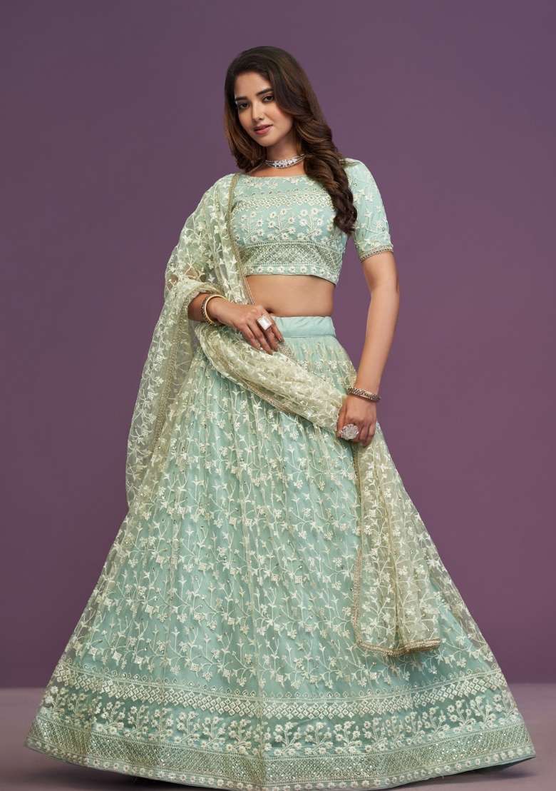 Pista Embroidery Net Lehenga Set for Diwali and Festive Wear - Indya