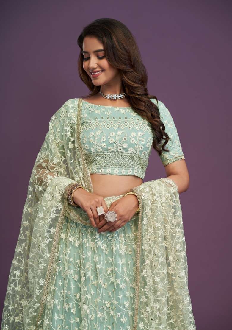 Pista Embroidery Net Lehenga Set for Diwali and Festive Wear - Indya