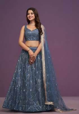 Grey Embroidery Net Lehenga Set for Diwali and Festive Wear