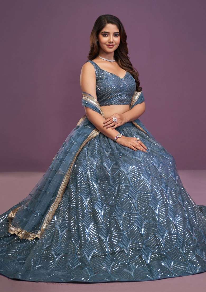 Grey Embroidery Net Lehenga Set for Diwali and Festive Wear - Indya