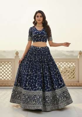 Navy Blue Georgette Lehenga Set with Embroidery for Diwali | Wedding & Festive Wear
