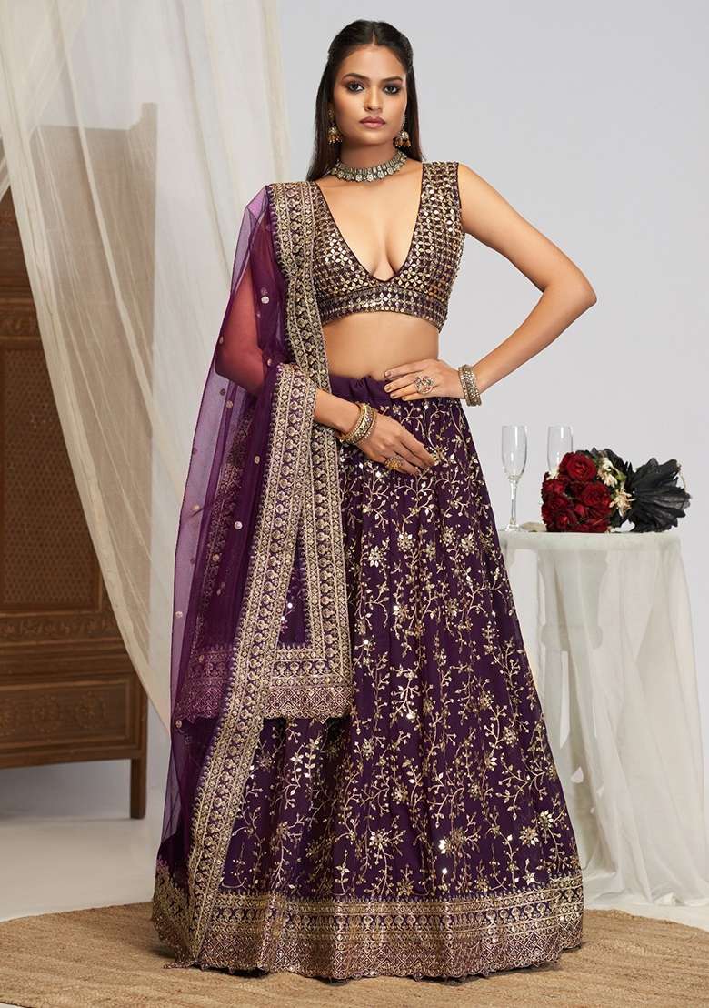 Wine Embroidery Georgette Lehenga Set for Diwali and Festive Wear - Indya