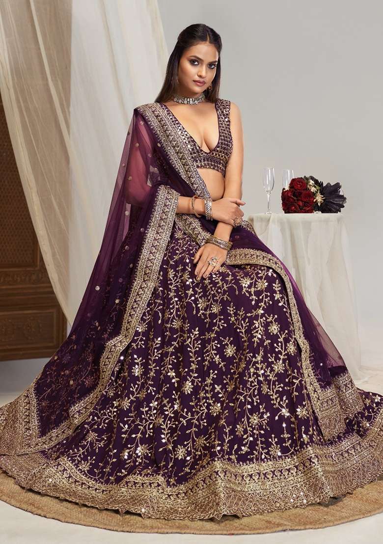 Wine Embroidery Georgette Lehenga Set for Diwali and Festive Wear - Indya