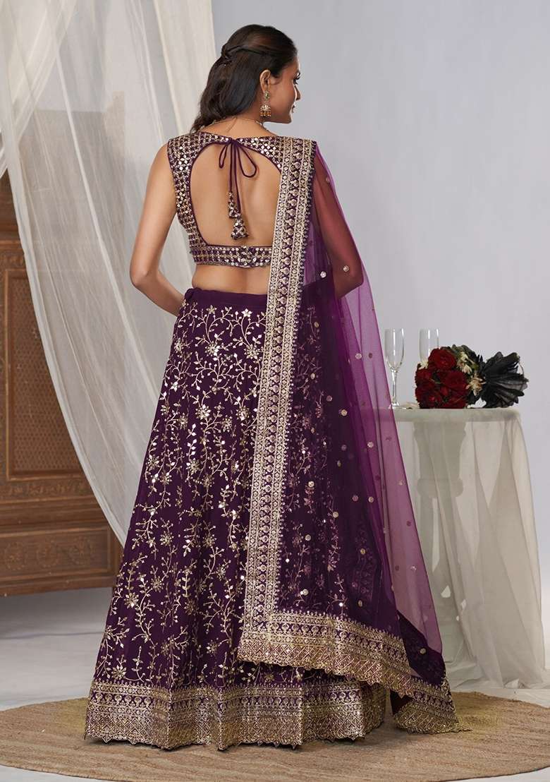Wine Embroidery Georgette Lehenga Set for Diwali and Festive Wear - Indya