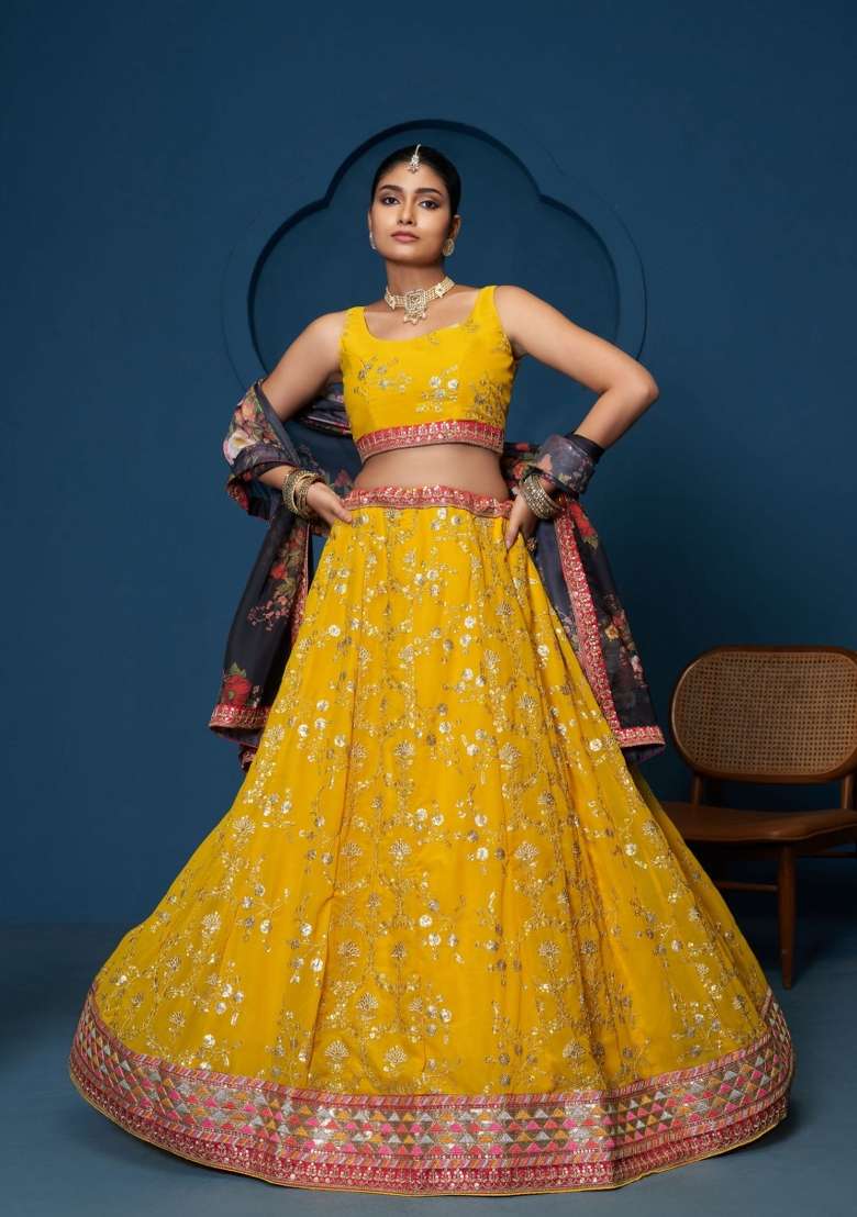 Yellow Embroidery Georgette Lehenga Set for Diwali and Festive Wear - Indya
