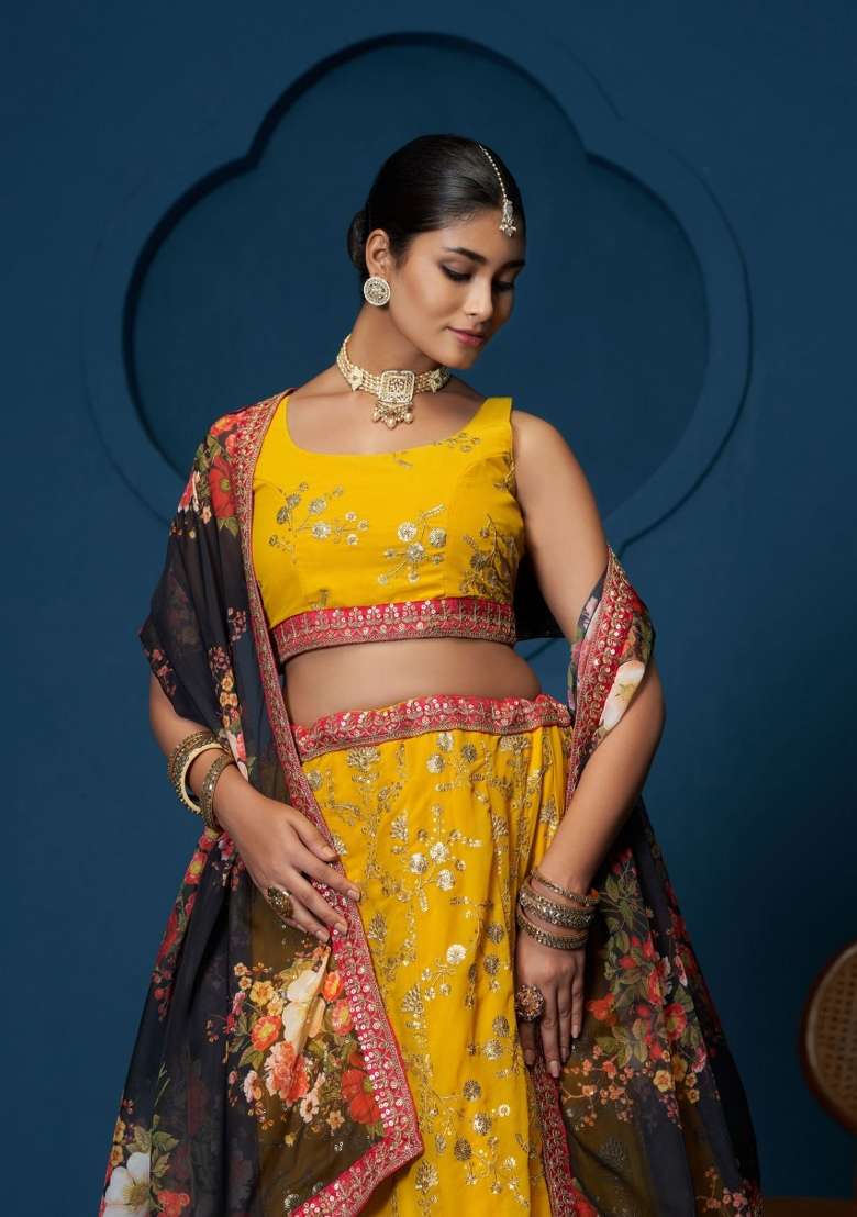 Yellow Embroidery Georgette Lehenga Set for Diwali and Festive Wear - Indya