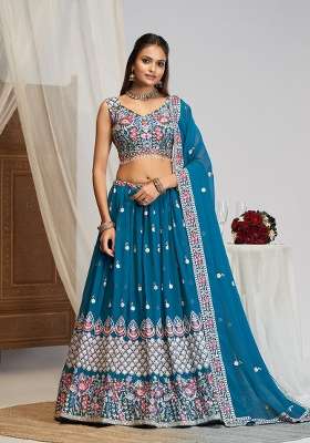 Sky Blue Georgette Lehenga Set with Embroidery for Diwali | Wedding & Festive Wear